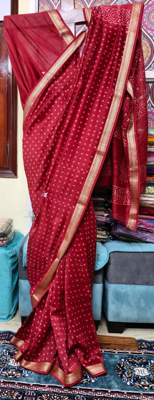Pure Maheshwari Maroon Silk Blend Saree