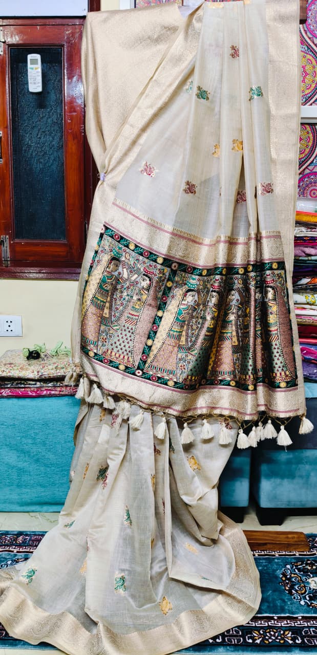 Elegant Madhubani Art Linen Saree