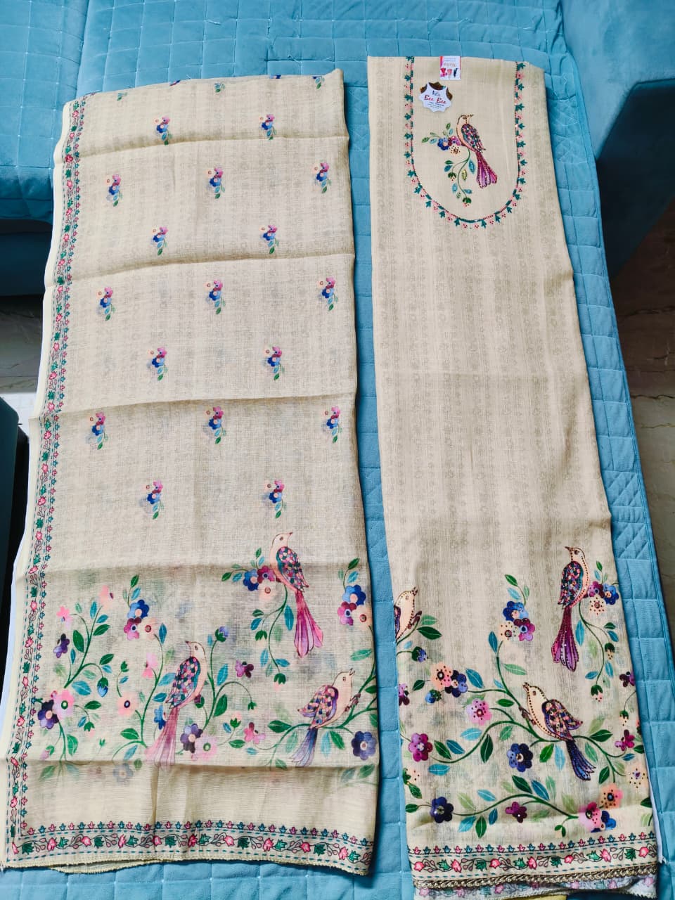 Elegant Bird Print Cotton Suit Set