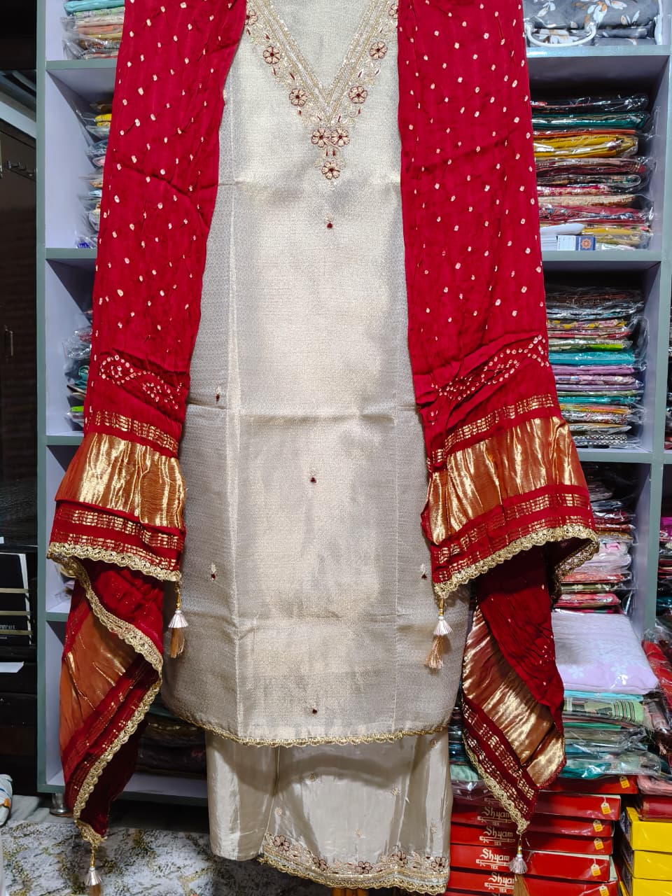 Handwork Tissue Silk Suit and Pure Gajji Silk Dupatta
