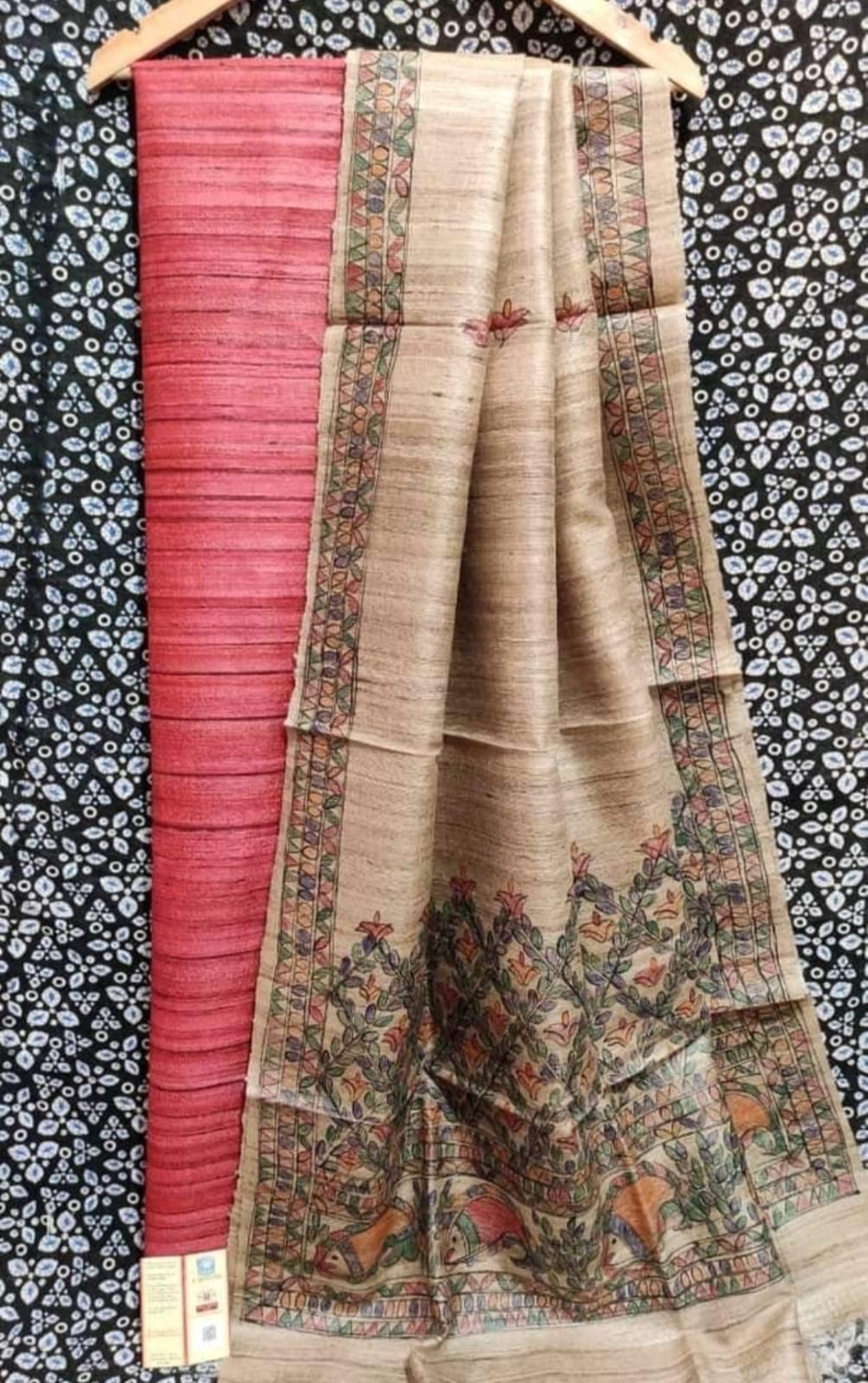 TASAR SILK SUIT WITH HAND MADHUBANI PAINTING