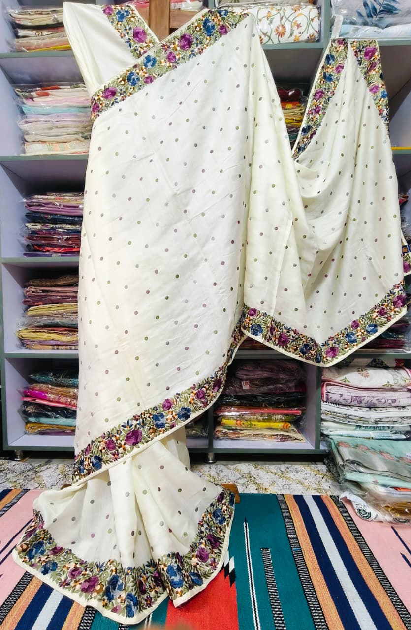 CREPE SATIN SILK SAREE WITH PARSI WORK
