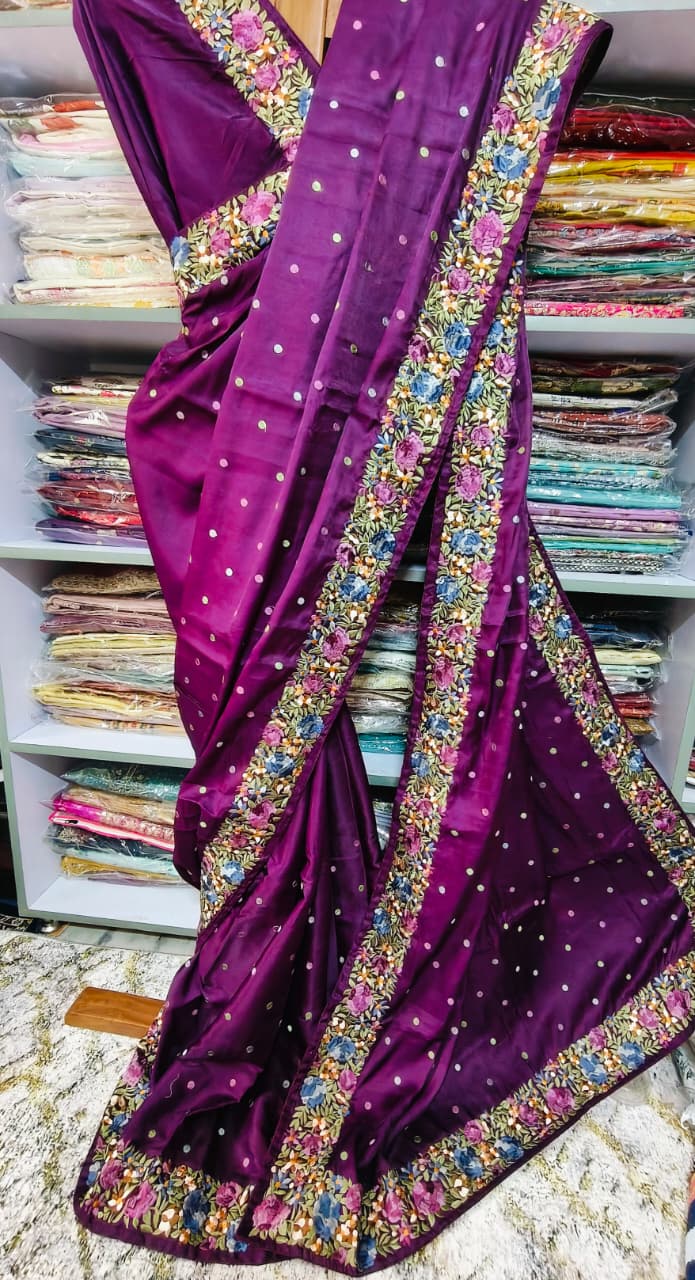 CREPE SATIN SILK SAREE WITH PARSI WORK