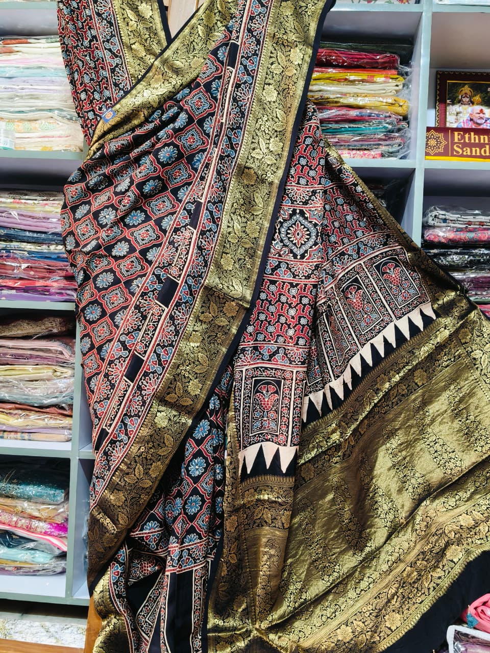 Modal silk saree with ajrak print