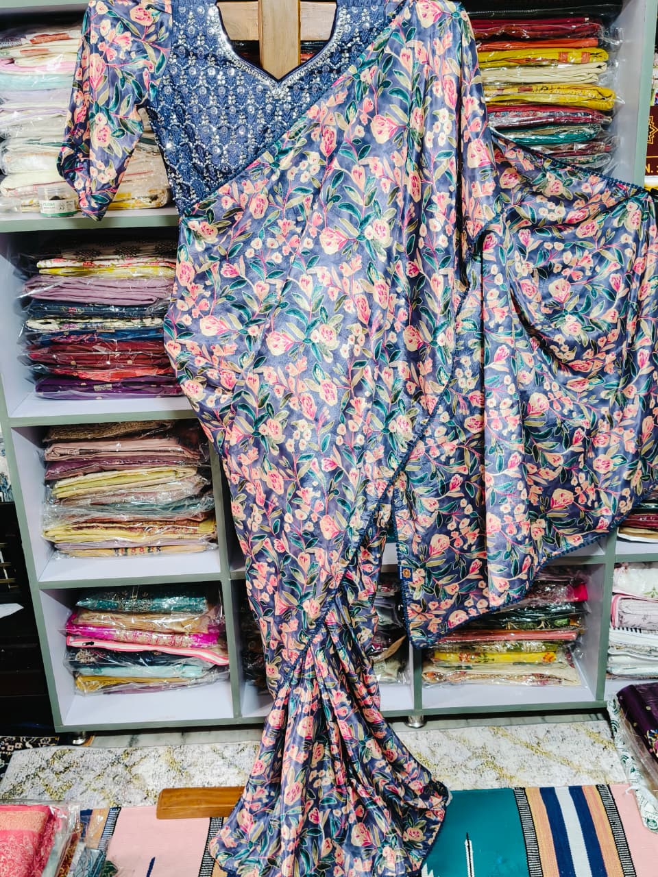 Crepe silk saree with ready-made blouse