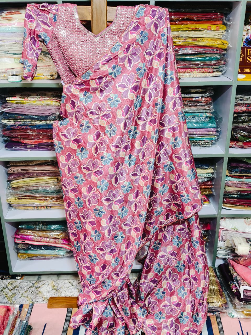 Crepe silk saree with ready-made blouse