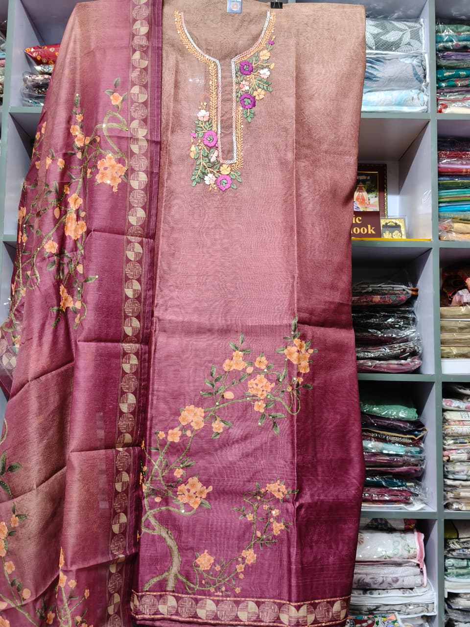 Chanderi silk suit with hand bullion stitch
