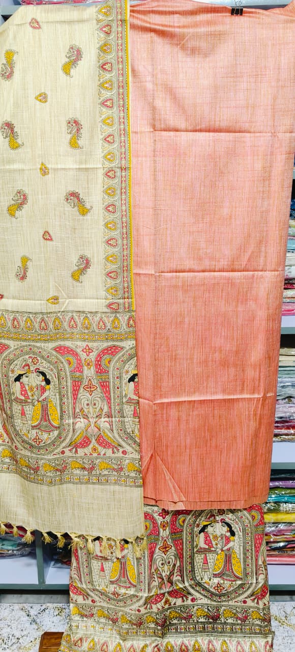 COTTON SILK SUIT WITH MADHUBANI PRINT BOTTOM AND DUPATTA