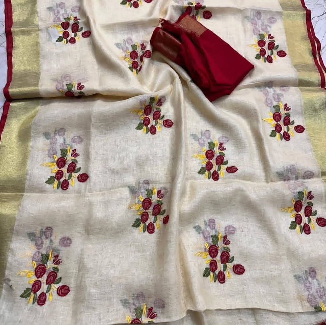 PREMIUM LILEN SAREE WITH EAMBRIODERY WORK
