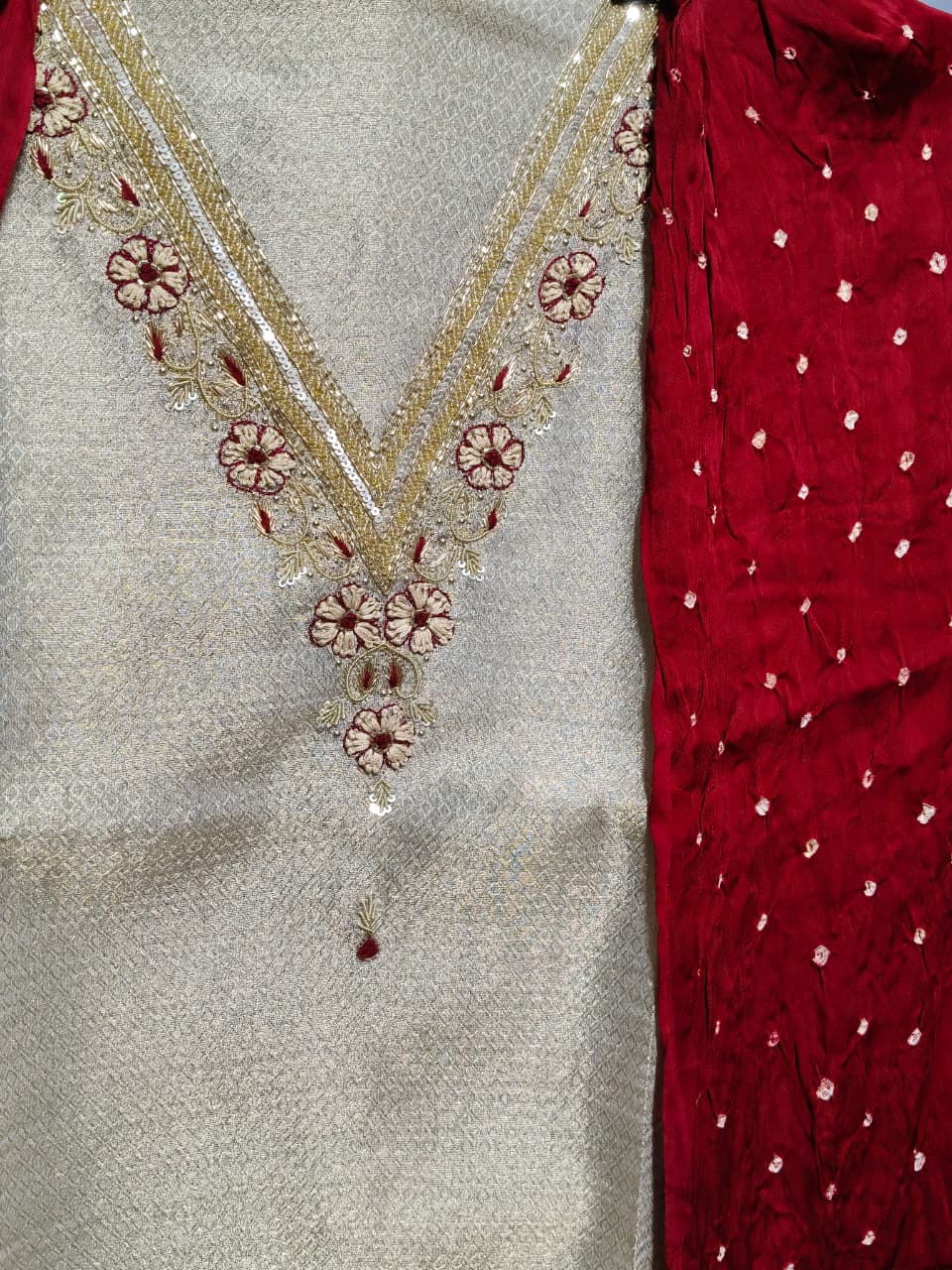 Handwork Tissue Silk Suit and Pure Gajji Silk Dupatta - gallery