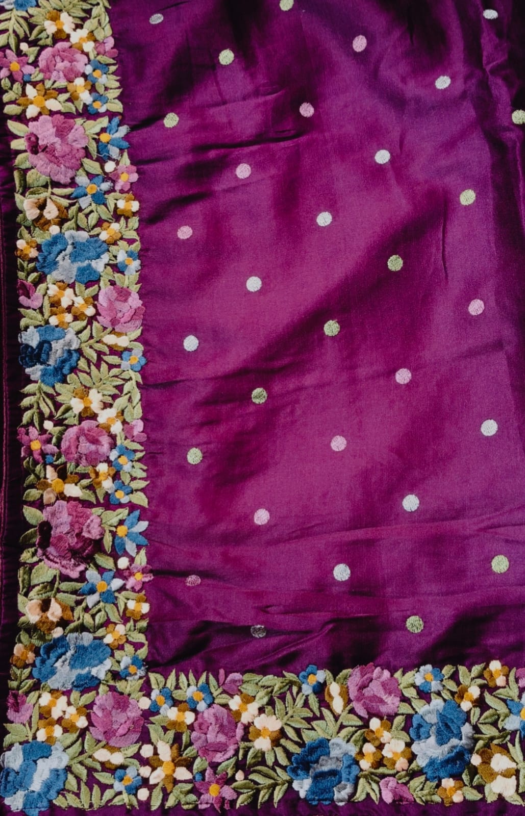 CREPE SATIN SILK SAREE WITH PARSI WORK - gallery