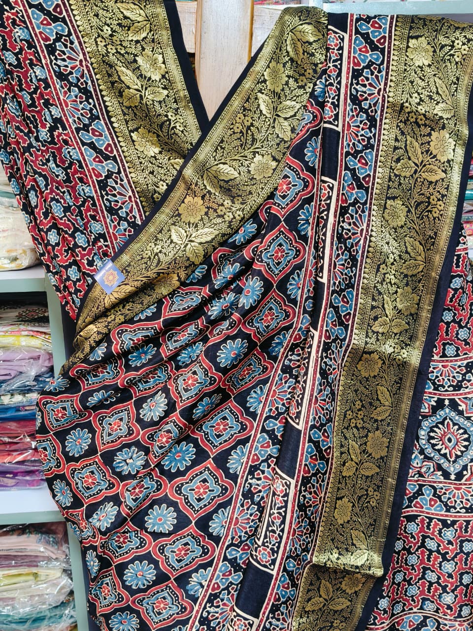 Modal silk saree with ajrak print - gallery