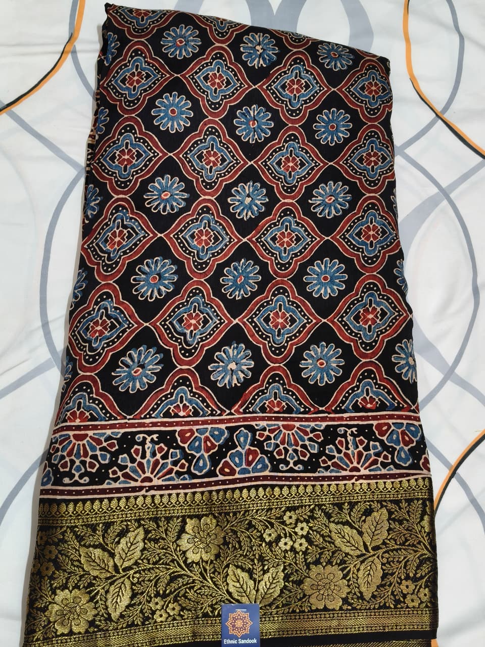 Modal silk saree with ajrak print